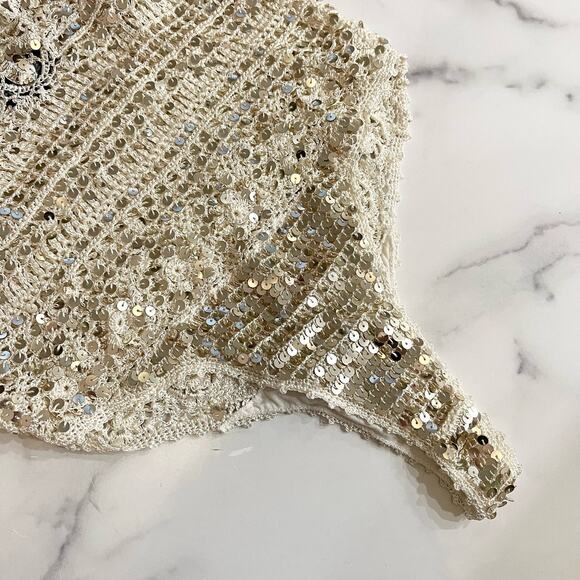 RETROFETE Sequined Crochet Bodysuit Beige Gold Tie Lined Sheer Knit S like new - Picture 3 of 7